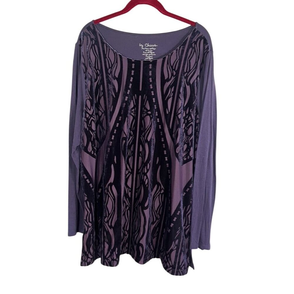 Chicos Animal Print Burnout Sheer Top Purple XL Preppy Resort Festival Colorful